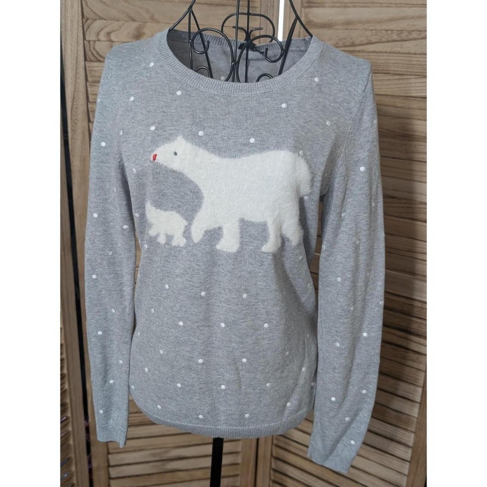 Talbots XL Gray White Polka Dot Sweater With Furry Polar Bears